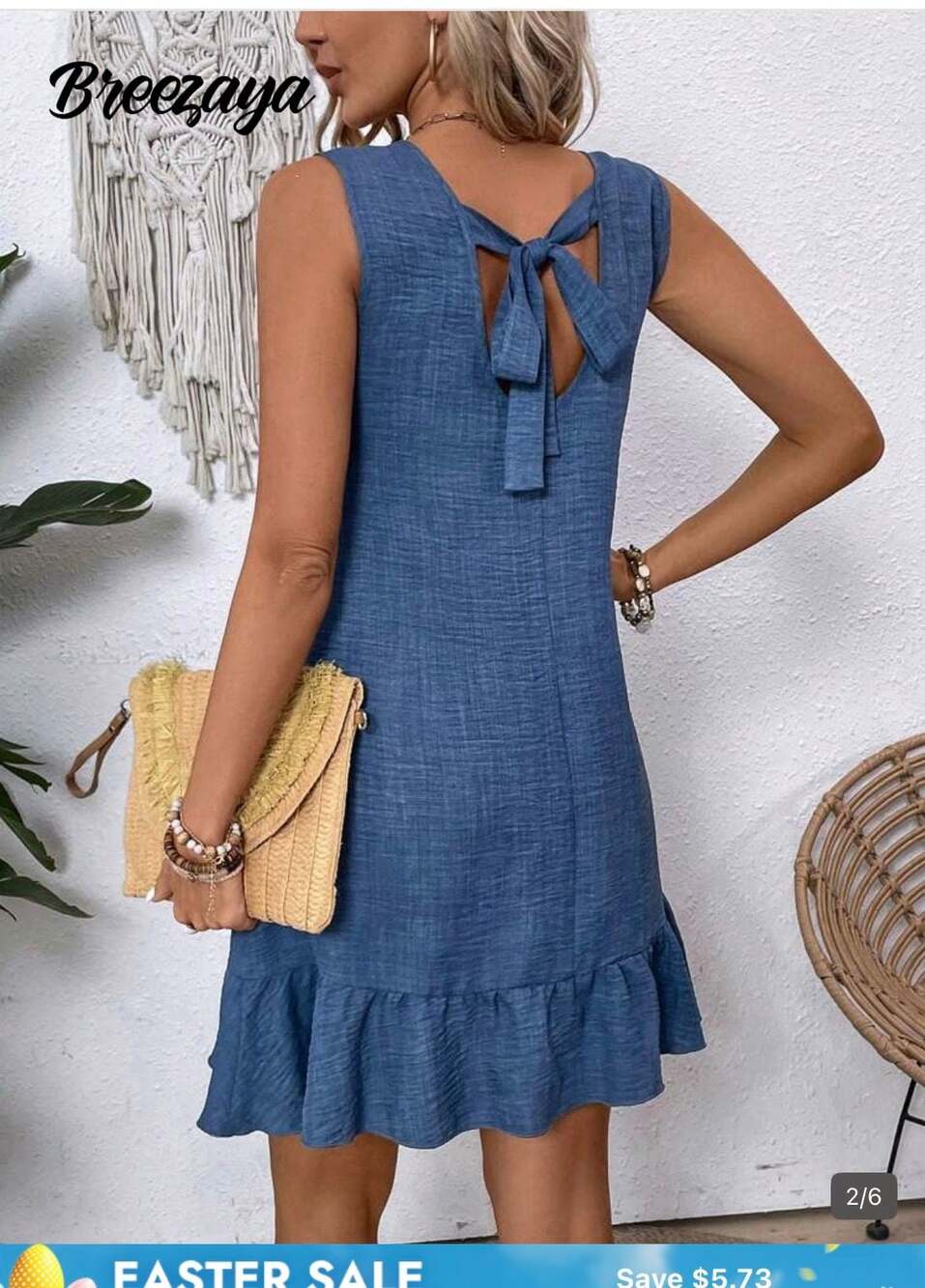 Breezaya Women's Summer Sleeveless Tie-Back Ruffle Hem 2 Dresses Blue and Beige - Picture 4 of 4